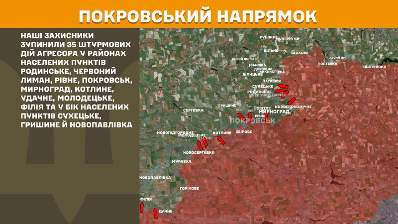 At Pokrovsk direction clashes yesterday near Rodynske, Chervonyy Lyman, Rivne, Pokrovsk, Myrnohrad, Kotlyne, Udachne, Molodetske, Filiya and towards Sukhetske, Hryshyne and Novopavlivka, - General Staff of Armed Forces of Ukraine reports