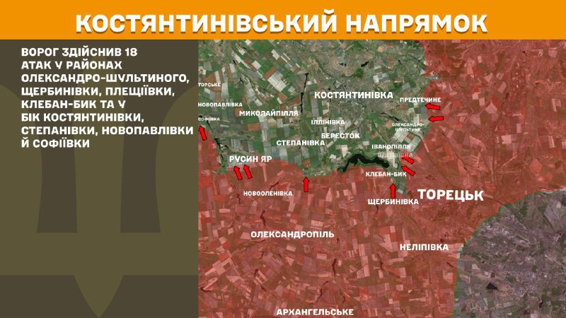 At Kostiantynivka direction clashes yesterday near Oleksandro-Shultyne, Scherbynivka, Pleschiyivka, Kleban-Byk and towards Kostyantynivka, Stepanivka, Novopavlivka and Sofiyivka, - General Staff of Armed Forces of Ukraine reports