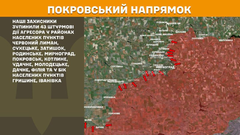 At Pokrovsk direction clashes yesterday near Chervonyy Lyman, Sukhetske, Zatyshok, Rodynske, Myrnohrad, Pokrovsk, Kotlyne, Udachne, Molodetske, Dachne, Filiya and towards towns Hryshyne, Ivanivka, - General Staff of Armed Forces of Ukraine reports