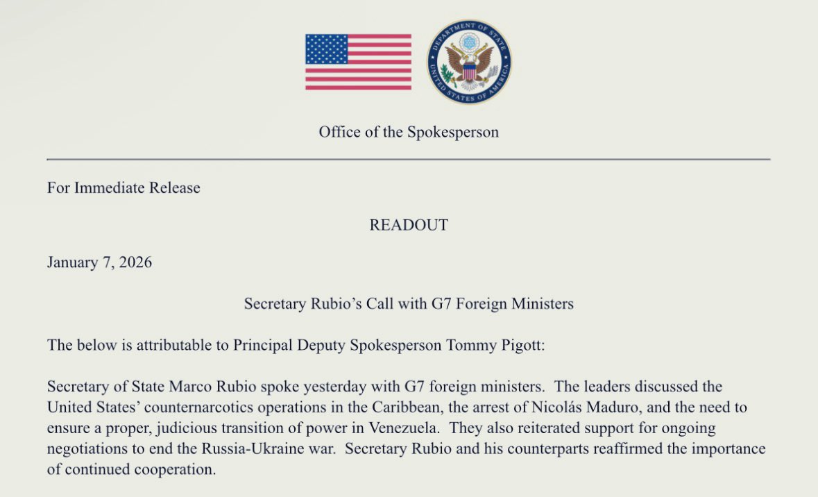 G7 ministers reaffirm support for Ukraine peace talks in call with Rubio. State Dept says Rubio and allies discussed 'ongoing negotiations' to end russia’s war alongside Venezuela transition