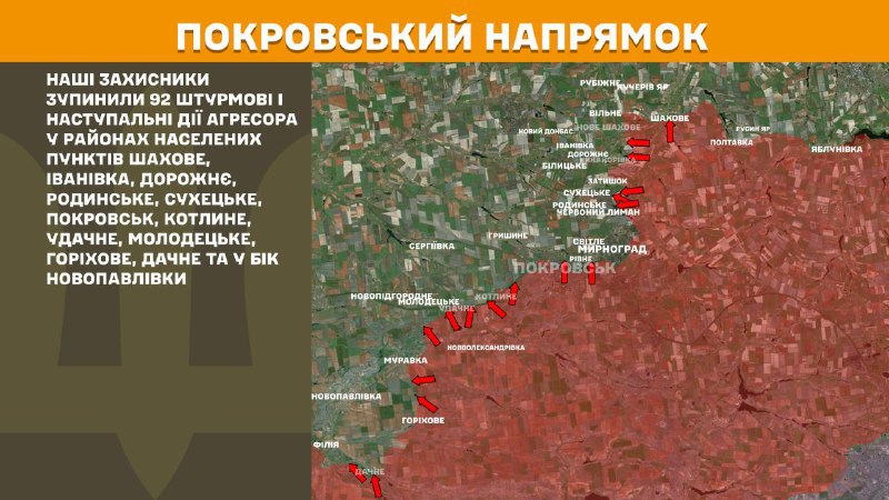 At Pokrovsk direction clashes yesterday near Shakhove, Ivanivka, Dorozhnye, Rodynske, Sukhetske, Pokrovsk, Kotlyne, Udachne, Molodetske, Horikhove, Dachne and towards Novopavlivka, - General Staff of Armed Forces of Ukraine reports