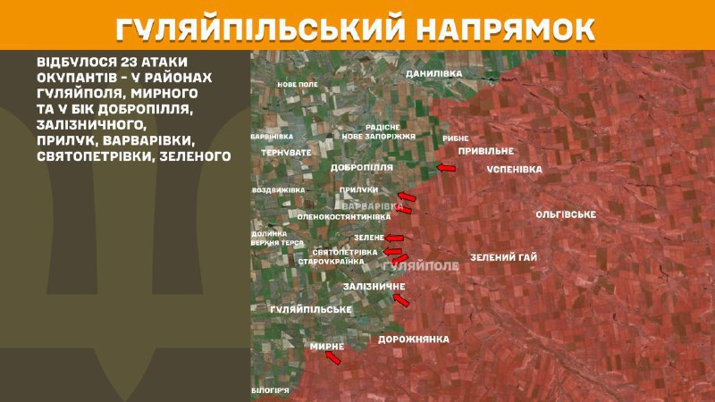 At Huliaipole direction clashes yesterday near Huliaipole, Myrne and towards Dobropillya, Zaliznychne, Pryluky, Varvarivka, Svyatopetrivka, Zelene, - General Staff of Armed Forces of Ukraine reports