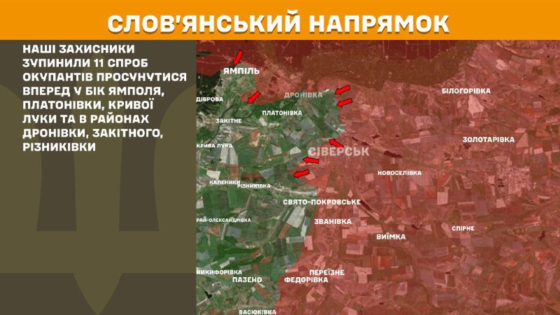 At Sloviansk direction clashes yesterday near Yampil, Platonivka, Kryva Luka and near Dronivka, Zakitne, Riznykivka, - General Staff of Armed Forces of Ukraine reports