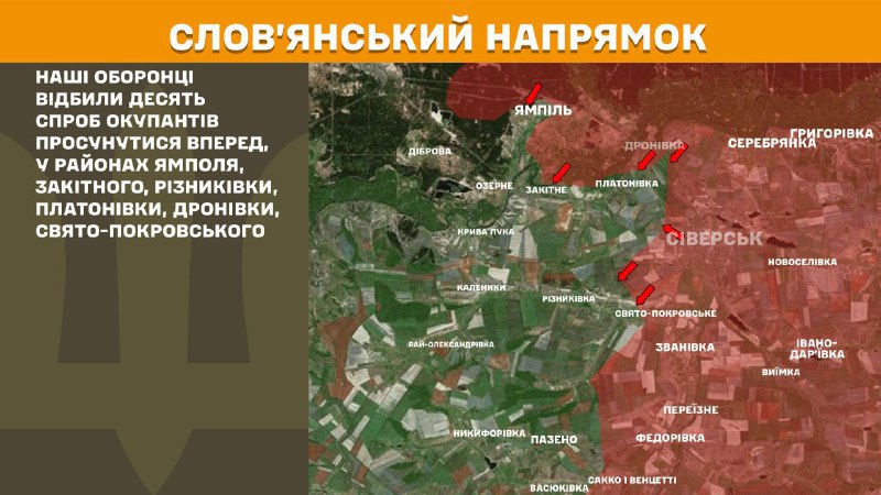 At Sloviansk direction clashes yesterday near Yampil, Zakitne, Riznykivka, Platonivka, Dronivka, Svyato-Pokrovske, - General Staff of Armed Forces of Ukraine reports