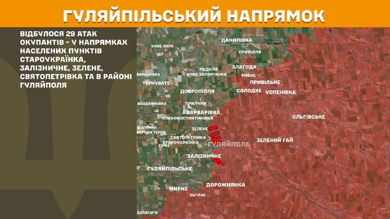 At Huliaipole direction clashes yesterday near Staroukrayinka, Zaliznychne, Zelene, Svyatopetrivka and near Huliaipole, - General Staff of Armed Forces of Ukraine reports