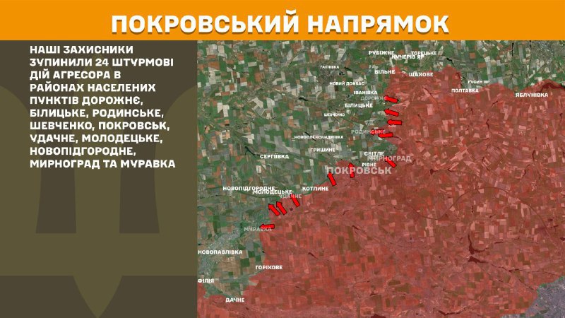 At Pokrovsk direction clashes yesterday near Dorozhnye, Bilytske, Rodynske, Shevchenko, Pokrovsk, Udachne, Molodetske, Novopidhorodnie, Myrnohrad and Muravka, - General Staff of Armed Forces of Ukraine reports