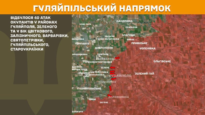 At Huliaipole direction clashes yesterday near Huliaipole, Zelene and towards Tsvitkove, Zaliznychne, Varvarivka, Svyatopetrivka, Huliaipilske, Staroukrayinka, - General Staff of Armed Forces of Ukraine reports