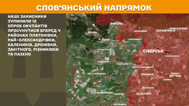 At Sloviansk direction clashes yesterday near Platonivka, Ray–Oleksandrivka, Kalenyky, Dronivka, Zakitne, Riznykivka and Pazeno, - General Staff of Armed Forces of Ukraine reports