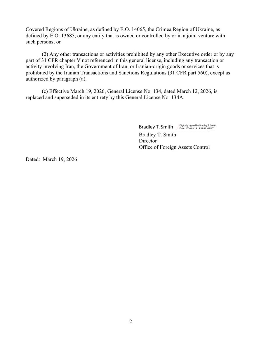 ABD, Rusya'ya yönelik petrol yaptırımlarını daha da gevşeterek, 12 Mart'a kadar tankerlere yüklenmiş rafine petrol ürünlerinin (şimdiye kadar sadece ham petrol satışına izin veriliyordu) satışına da izin verdi. Bu gevşetme 11 Nisan'a kadar geçerli olacak.