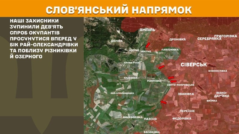 At Sloviansk direction clashes yesterday near Ray-Oleksandrivka and near Riznykivka and Ozerne, - General Staff of Armed Forces of Ukraine reports