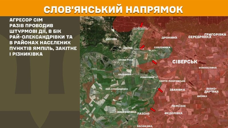 At Sloviansk direction clashes yesterday near Ray-Oleksandrivka and near Yampil, Zakitne and Riznykivka, - General Staff of Armed Forces of Ukraine reports