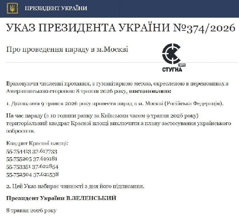 Zelensky issued a decree prohibiting to strike the Red Square in Moscow on 9th May