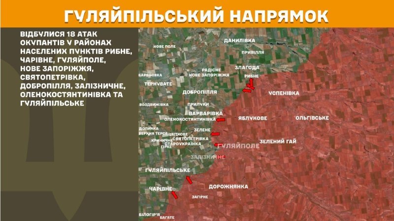 At Huliaipole direction clashes yesterday near Rybne, Charivne, Huliaipole, Nove Zaporizhzhya, Svyatopetrivka, Dobropillya, Zaliznychne, Olenokostyantynivka and Huliaipilske, - General Staff of Armed Forces of Ukraine reports