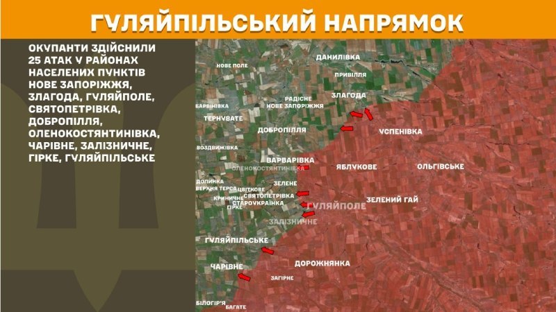 At Huliaipole direction clashes yesterday near Nove Zaporizhzhya, Zlahoda, Huliaipole, Svyatopetrivka, Dobropillya, Olenokostyantynivka, Charivne, Zaliznychne, Hirke, Huliaipilske, - General Staff of Armed Forces of Ukraine reports
