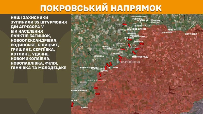 At Pokrovsk direction clashes yesterday near Zatyshok, Novooleksandrivka, Rodynske, Bilytske, Hryshyne, Serhiyivka, Kotlyne, Udachne, Novomykolayivka, Novopavlivka, Filiya, Hannivka and Molodetske, - General Staff of Armed Forces of Ukraine reports
