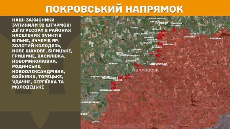 At Pokrovsk direction clashes yesterday near Vilne, Kucheriv Yar, Zolotyy Kolodyaz, Nove Shakhove, Bilytske, Hryshyne, Vasylivka, Novomykolayivka, Rodynske, Novooleksandrivka, Boykivka, Toretske, Udachne, Serhiyivka and Molodetske, - General Staff of Armed Forces of Ukraine reports