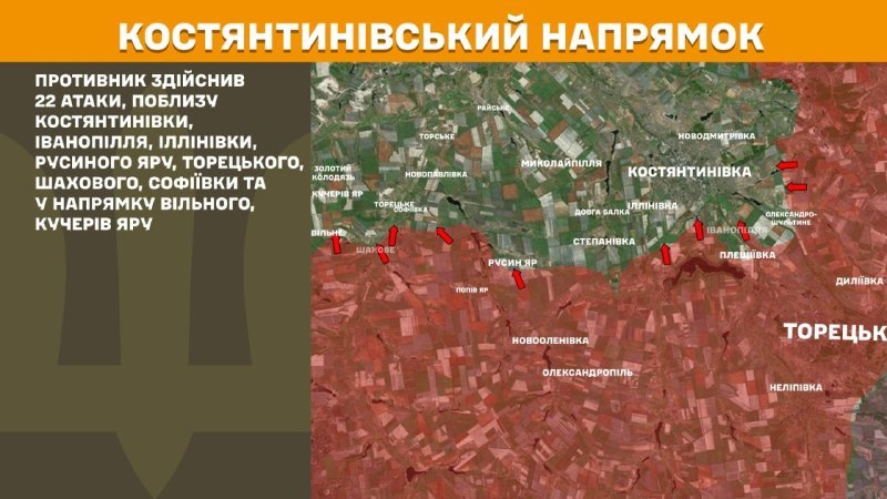 At Kostiantynivka direction clashes yesterday near Kostyantynivka, Ivanopillya, Illinivka, Rusyn Yar, Toretske, Shakhove, Sofiyivka and towards Vilne, Kucheriv Yar, - General Staff of Armed Forces of Ukraine reports