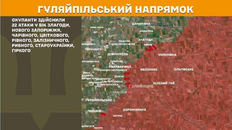 At Huliaipole direction clashes yesterday near Zlahoda, Nove Zaporizhzhya, Charivne, Tsvitkove, Rivne, Zaliznychne, Rybne, Staroukrayinka, Hirke, - General Staff of Armed Forces of Ukraine reports