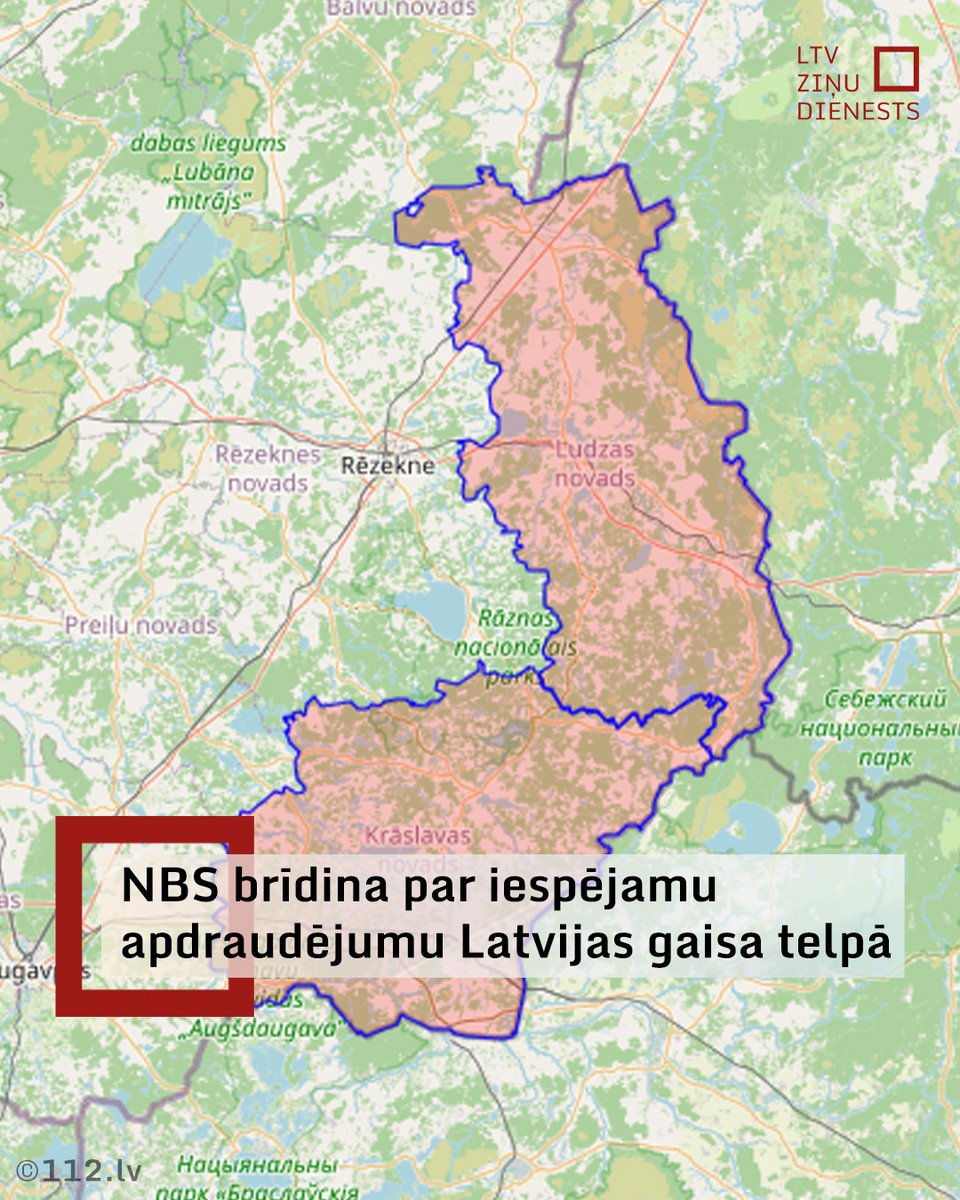 National Armed Forces of Latvia report that there may be a threat in Latvia's airspace. A cell broadcast alert has been sent in the Ludza and Krāslava municipalities. The LNAF urges residents to go indoors, follow the two-wall rule, close windows and doors. If you spot a low-flying, suspicious, or dangerous object, do not approach it and call 112.