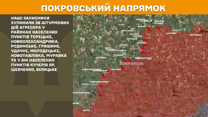 At Pokrovsk direction clashes yesterday near Toretske, Novooleksandrivka, Rodynske, Hryshyne, Udachne, Molodetske, Novopavlivka, Muravka and towards Kucheriv Yar, Shevchenko, Bilytske, - General Staff of Armed Forces of Ukraine reports