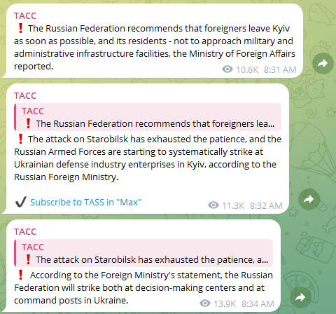 Russian has warned all foreigners to leave Kyiv saying that they will now be striking the Ukrainian defense industry, decision making centers and command posts in the capital