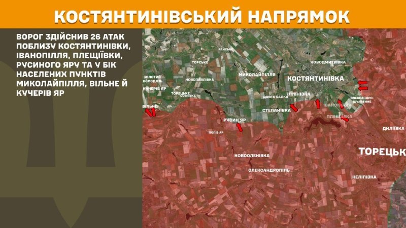 At Kostiantynivka direction clashes yesterday near Kostyantynivka, Ivanopillya, Pleschiyivka, Rusyn Yar and towards Mykolaypillya, Vilne and Kucheriv Yar, - General Staff of Armed Forces of Ukraine reports