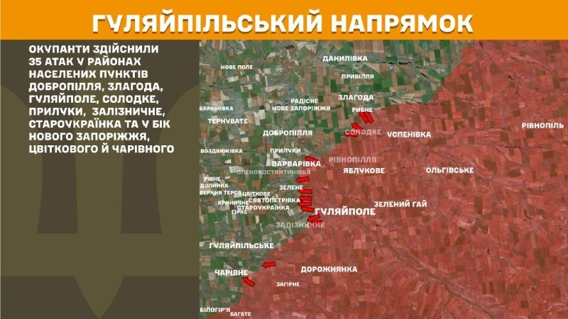 At Huliaipole direction clashes yesterday near Dobropillya, Zlahoda, Huliaipole, Solodke, Pryluky, Zaliznychne, Staroukrayinka and towards Nove Zaporizhzhya, Tsvitkove and Charivne, - General Staff of Armed Forces of Ukraine reports