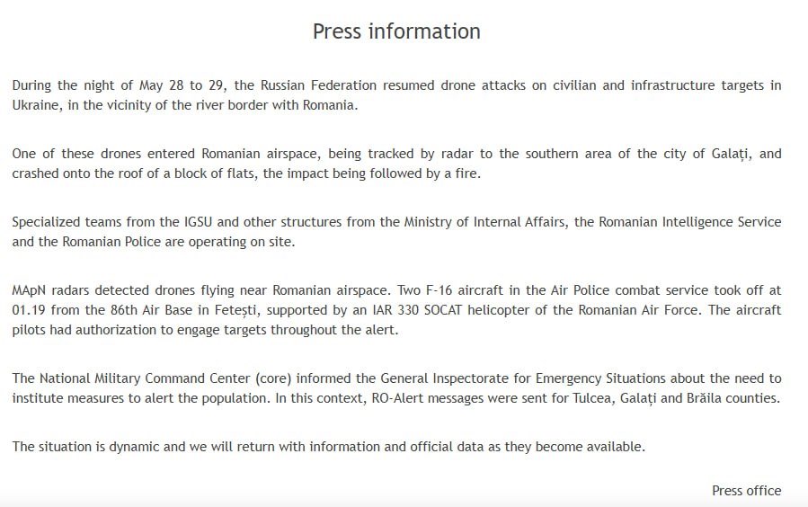 Romania's Ministry of Defense has confirmed that a one-way attack drone entered Romanian Airspace tonight during a Russian attack on Ukraine, being tracked until it struck a block of residential flats in the Eastern Romanian city of Galați. Two F-16 Fighter Falcons with the Air Police Combat Service took off at 01:19 from the 86th Air Base in Fetești prior to the impact, supported by an IAR 330 SOCAT Helicopter of the Romanian Air Force, with the aircraft pilots being authorization to engage targets the entire time they were in Romanian Airspace
