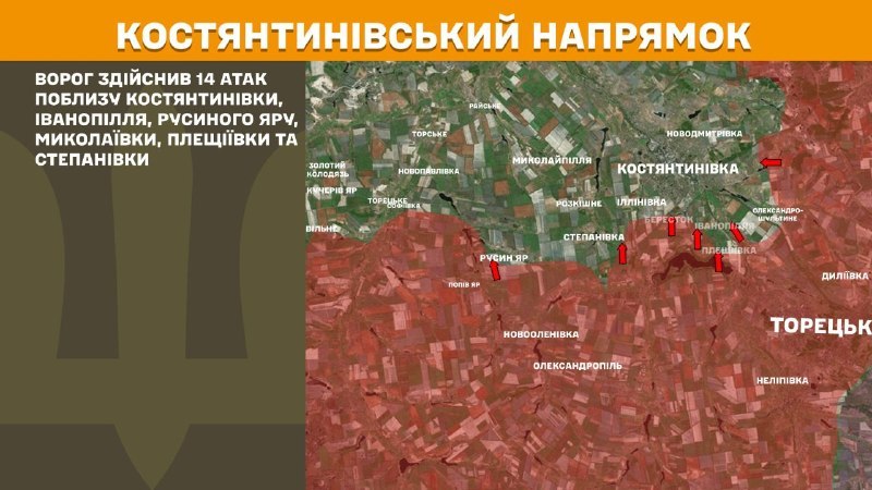 At Kostiantynivka direction clashes yesterday near Kostyantynivka, Ivanopillya, Rusyn Yar, Mykolayivka, Pleschiyivka and Stepanivka, - General Staff of Armed Forces of Ukraine reports