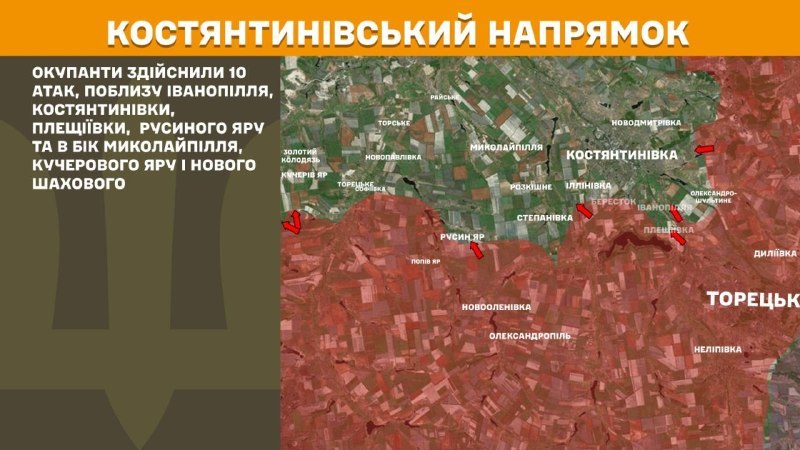 At Kostiantynivka direction clashes yesterday near Ivanopillya, Kostyantynivka, Pleschiyivka, Rusyn Yar and towards Mykolaypillya, Kucheriv Yar and Nove Shakhove, - General Staff of Armed Forces of Ukraine reports