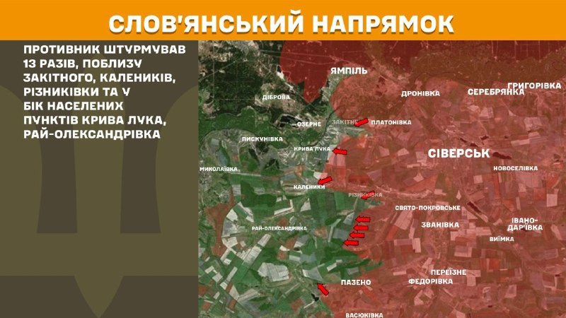 At Sloviansk direction clashes yesterday near Zakitne, Kalenyky, Riznykivka and towards Kryva Luka, Ray-Oleksandrivka, - General Staff of Armed Forces of Ukraine reports