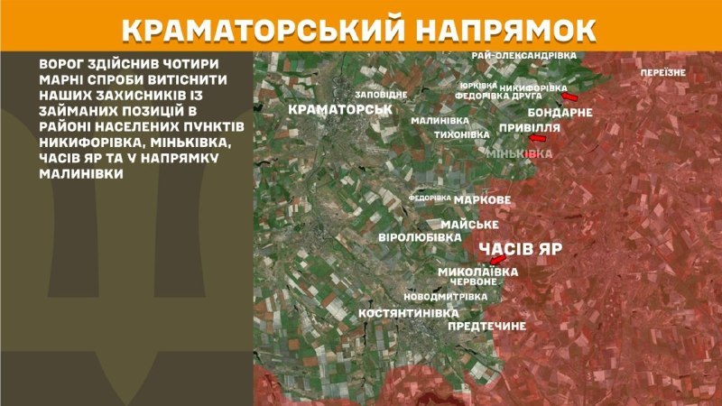 At Kramatorsk direction clashes yesterday near Nykyforivka, Minkivka, Chasiv Yar and towards Malynivka, - General Staff of Armed Forces of Ukraine reports