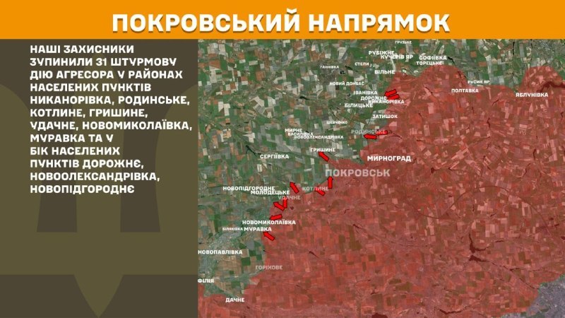 At Pokrovsk direction clashes yesterday near Nykanorivka, Rodynske, Kotlyne, Hryshyne, Udachne, Novomykolayivka, Muravka and towards towns Dorozhnye, Novooleksandrivka, Novopidhorodnye, - General Staff of Armed Forces of Ukraine reports