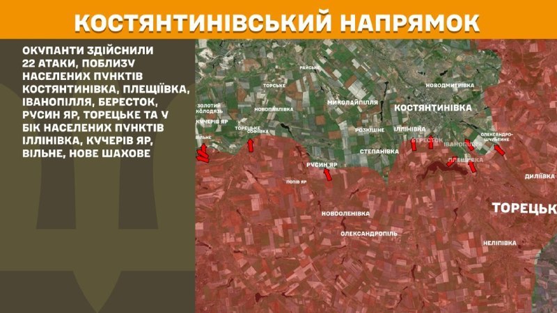 At Kostiantynivka direction clashes yesterday near Kostyantynivka, Pleschiyivka, Ivanopillya, Berestok, Rusyn Yar, Toretske and towards Illinivka, Kucheriv Yar, Vilne, Nove Shakhove, - General Staff of Armed Forces of Ukraine reports