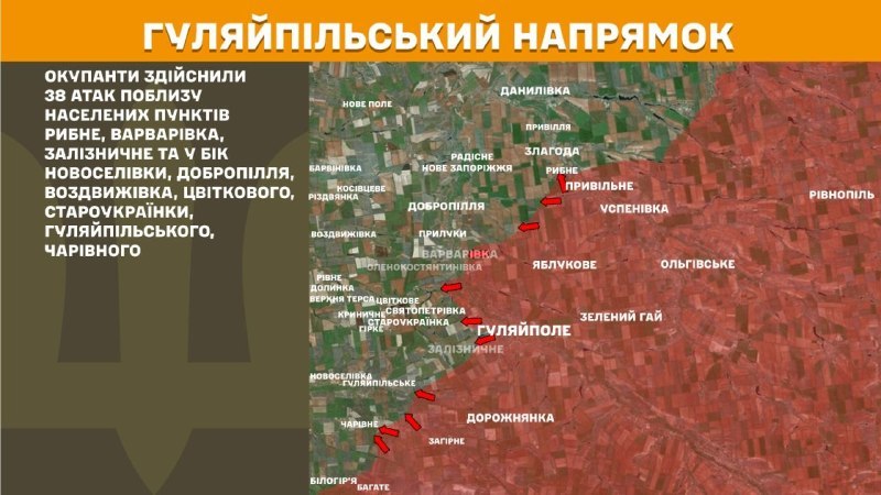 At Huliaipole direction clashes yesterday near Rybne, Varvarivka, Zaliznychne and towards Novoselivka, Dobropillya, Vozdvyzhivka, Tsvitkove, Staroukrayinka, Huliaipilske, Charivne, - General Staff of Armed Forces of Ukraine reports