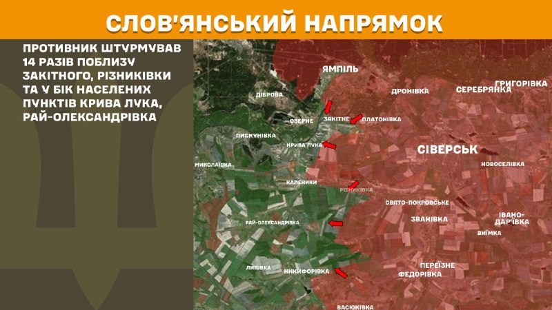 At Sloviansk direction clashes yesterday near Zakitne, Riznykivka and towards towns Kryva Luka, Ray-Oleksandrivka, - General Staff of Armed Forces of Ukraine reports