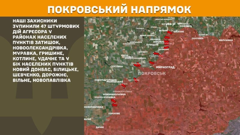 At Pokrovsk direction clashes yesterday near Zatyshok, Novooleksandrivka, Muravka, Hryshyne, Kotlyne, Udachne and towards Novyy Donbas, Bilytske, Shevchenko, Dorozhnye, Vilne, Novopavlivka, - General Staff of Armed Forces of Ukraine reports