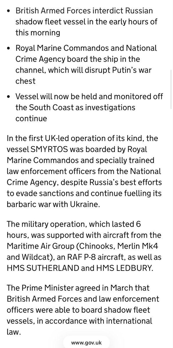 British Royal Marine Commandos boarded Russian shadow fleet tanker the Smyrtos today in an early morning raid involving two warships, Chinook, Merlin and Wildcat helicopters, as well as a P-8 Poseidon maritime patrol aircraft.