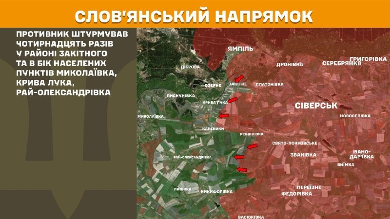 At Sloviansk direction clashes yesterday near Zakitne and towards Mykolayivka, Kryva Luka, Ray-Oleksandrivka, - General Staff of Armed Forces of Ukraine reports