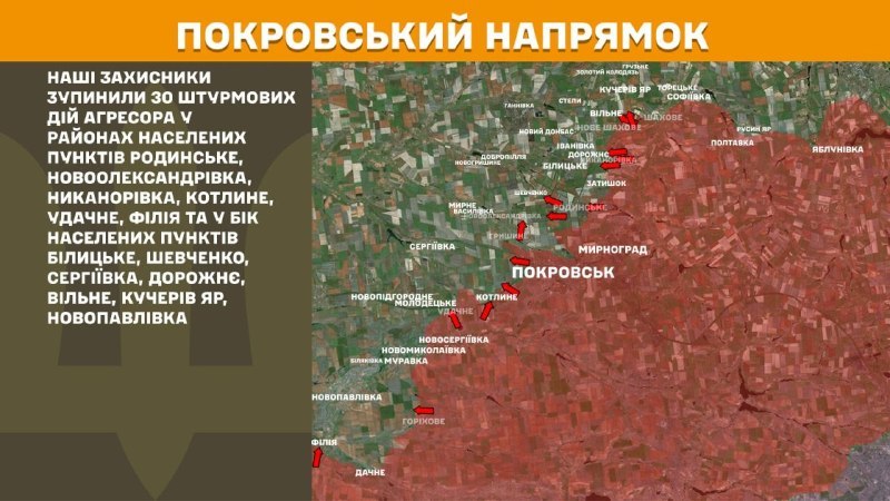 At Pokrovsk direction clashes yesterday near Rodynske, Novooleksandrivka, Nykanorivka, Kotlyne, Udachne, Filiya and towards towns Bilytske, Shevchenko, Serhiyivka, Dorozhnye, Vilne, Kucheriv Yar, Novopavlivka, - General Staff of Armed Forces of Ukraine reports