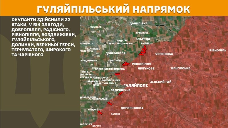 At Huliaipole direction clashes yesterday near Zlahoda, Dobropillya, Radisne, Rivnopillya, Vozdvyzhivka, Huliaipilske, Dolynka, Verkhna Tersa, Ternuvate, Shyroke and Charivne, - General Staff of Armed Forces of Ukraine reports