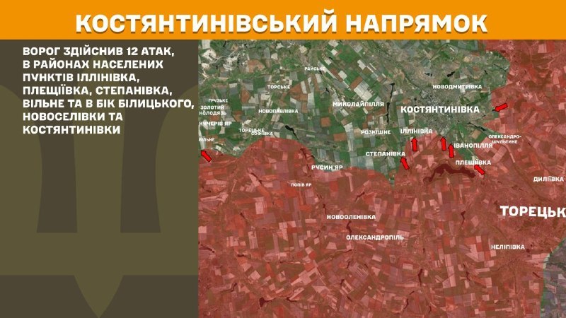 At Kostiantynivka direction clashes yesterday near Illinivka, Pleschiyivka, Stepanivka, Vilne and towards Bilytske, Novoselivka and Kostyantynivka, - General Staff of Armed Forces of Ukraine reports