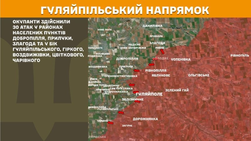 At Huliaipole direction clashes yesterday near Dobropillya, Pryluky, Zlahoda and towards Huliaipilske, Hirke, Vozdvyzhivka, Tsvitkove, Charivne, - General Staff of Armed Forces of Ukraine reports