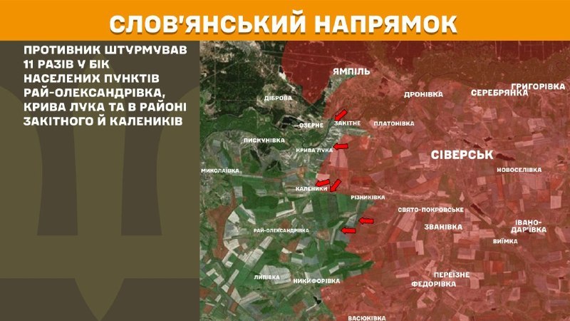 At Sloviansk direction clashes yesterday near Ray-Oleksandrivka, Kryva Luka and near Zakitne and Kalenyky, - General Staff of Armed Forces of Ukraine reports