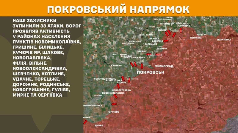 At Pokrovsk direction clashes yesterday near Novomykolayivka, Hryshyne, Bilytske, Kucheriv Yar, Shakhove, Novopavlivka, Filiya, Vilne, Novooleksandrivka, Shevchenko, Kotlyne, Udachne, Toretske, Dorozhnye, Rodynske, Novohryshyne, Hulive, Myrne and Serhiyivka, - General Staff of Armed Forces of Ukraine reports
