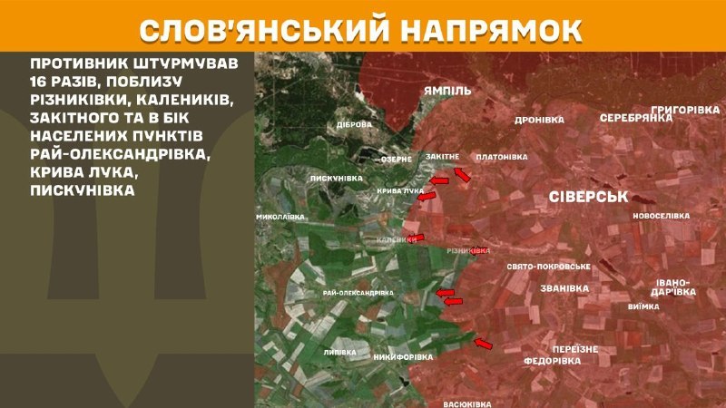 At Sloviansk direction clashes yesterday near Riznykivka, Kalenyky, Zakitne and towards Ray-Oleksandrivka, Kryva Luka, Pyskunivka, - General Staff of Armed Forces of Ukraine reports