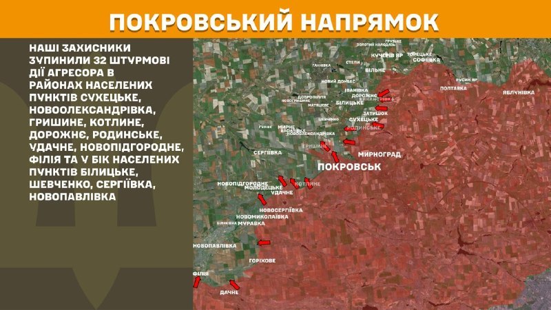 At Pokrovsk direction clashes yesterday near Sukhetske, Novooleksandrivka, Hryshyne, Kotlyne, Dorozhnye, Rodynske, Udachne, Novopidhorodnie, Filiya and towards Bilytske, Shevchenko, Serhiyivka, Novopavlivka, - General Staff of Armed Forces of Ukraine reports