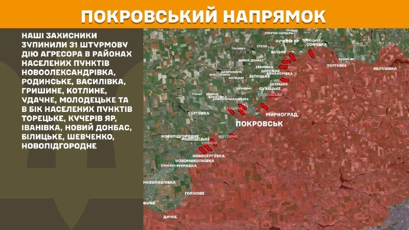 At Pokrovsk direction clashes yesterday near Novooleksandrivka, Rodynske, Vasylivka, Hryshyne, Kotlyne, Udachne, Molodetske and towards Toretske, Kucheriv Yar, Ivanivka, Novyy Donbas, Bilytske, Shevchenko, Novopidhorodnie, - General Staff of Armed Forces of Ukraine reports