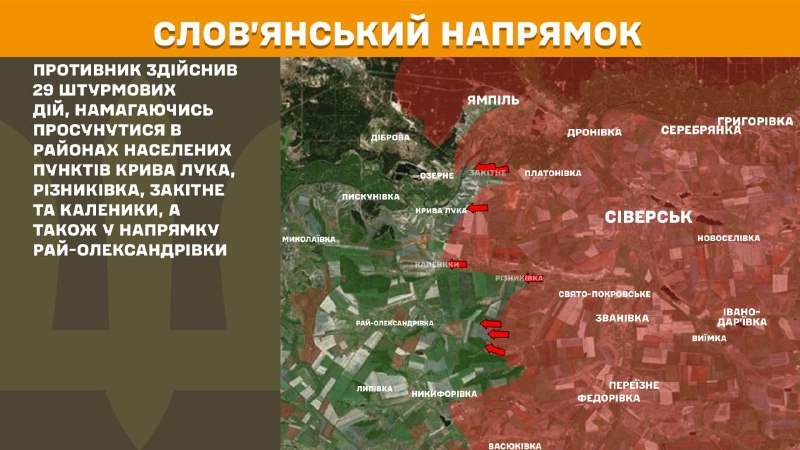 At Sloviansk direction clashes yesterday near Kryva Luka, Riznykivka, Zakitne and Kalenyky, also towards Ray-Oleksandrivka, - General Staff of Armed Forces of Ukraine reports