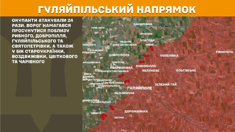 At Huliaipole direction clashes yesterday near Rybne, Dobropillya, Huliaipilske and Svyatopetrivka, also towards Staroukrayinka, Vozdvyzhivka, Tsvitkove and Charivne, - General Staff of Armed Forces of Ukraine reports
